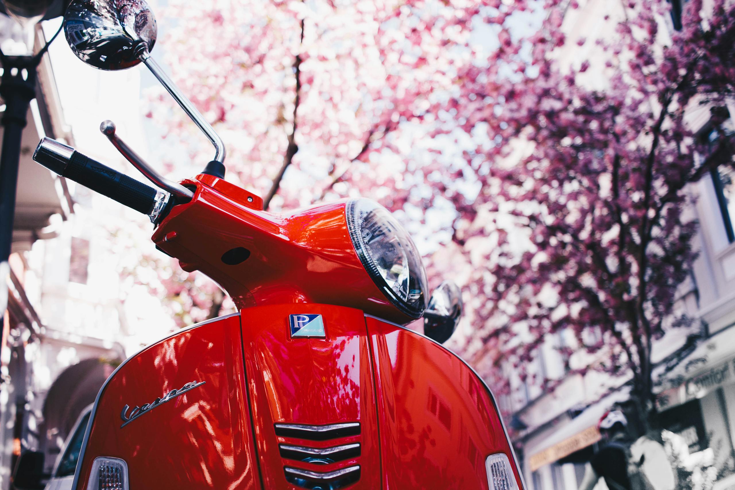 Close-up of a red Vespa scooter parked under blooming trees in a town setting.
